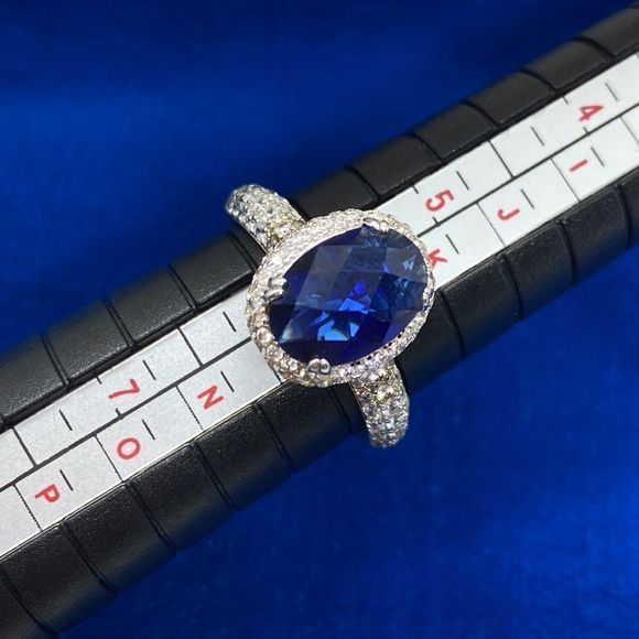 💛 925 Blue Sapphire & CZ Halo Ring - Picture 5 of 5